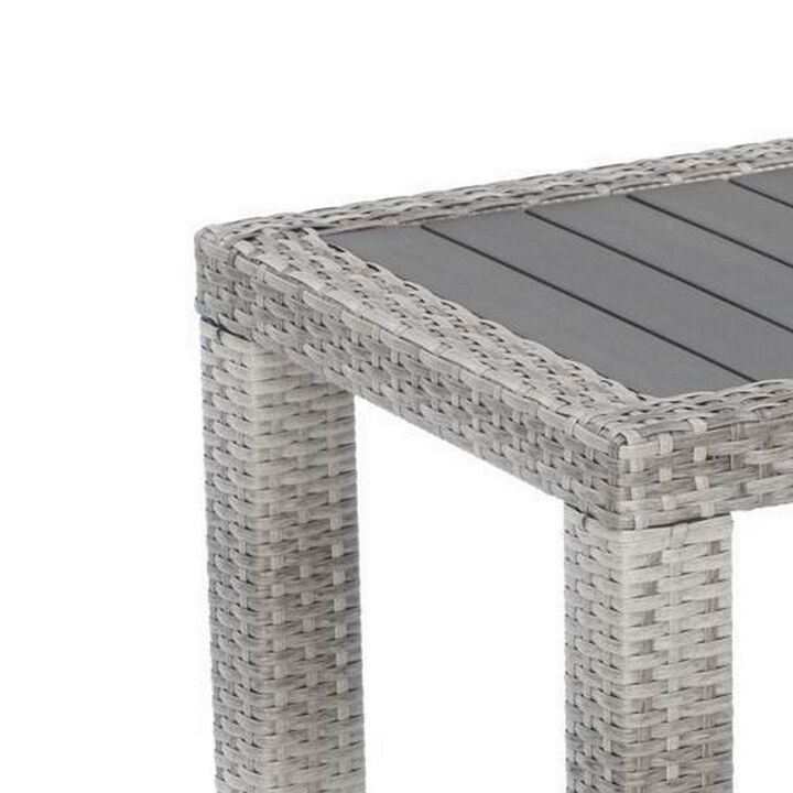 Max 20 Inch Outdoor Side Table, Gray Faux Wood Frame, Woven Resin Wicker-Benzara