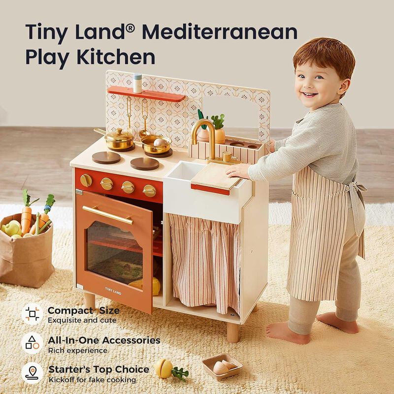 Mediterranean Play Kitchen for Toddlers - Wooden Kids Kitchen Playset with Cutting Food & Cookware, Oven, Stove, Sink, Built-In Storage image number 3