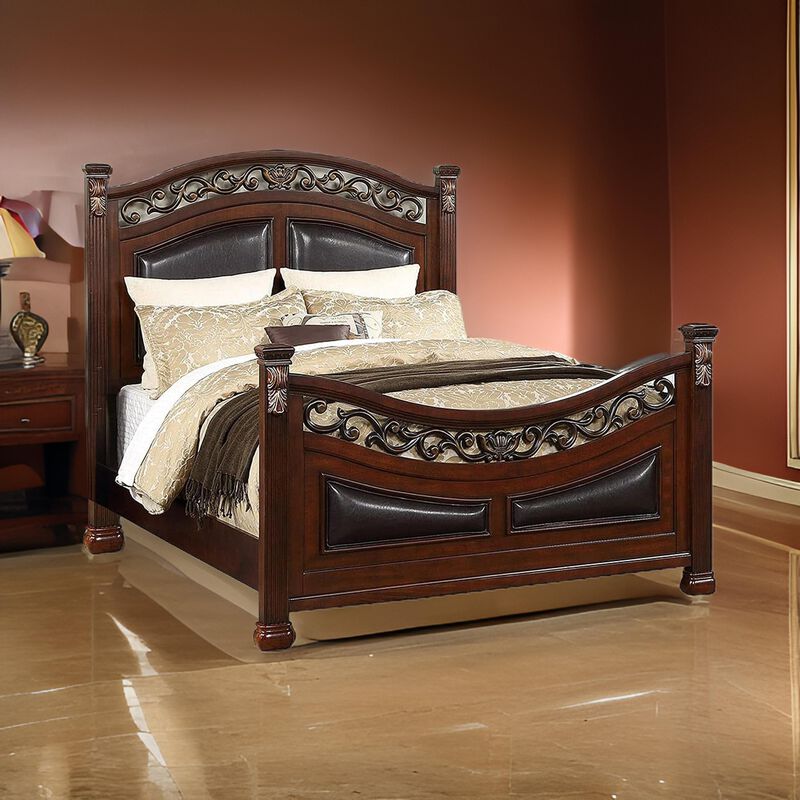 Meo King Size Bed, Padded Carved Dark Brown Faux Leather Upholstered - Benzara