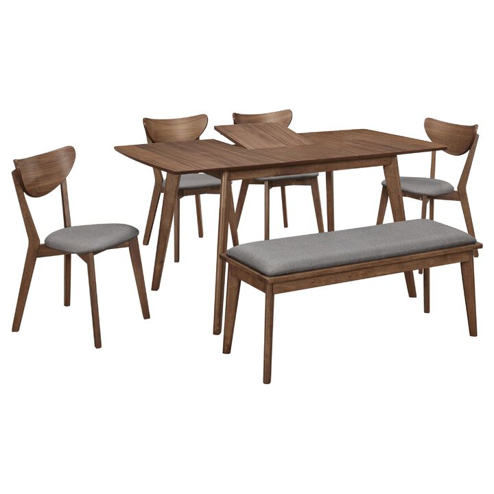 Relo 6pc Extendable Dining Table, Bench, 4 Chairs, Walnut Brown and Gray - Benzara