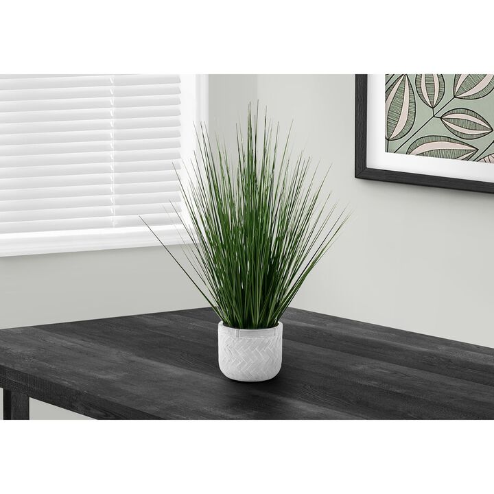 Monarch Specialties I 9574 - Artificial Plant, 21" Tall, Grass, Indoor, Faux, Fake, Table, Greenery, Potted, Real Touch, Decorative, Green Grass, White Pot