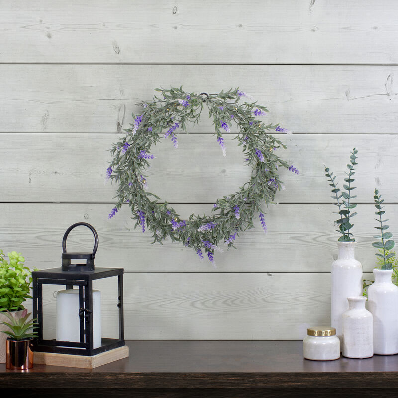 Pre-Lit Battery Operated Purple Ombre Lavender Spring Wreath- 16" - White LED Lights