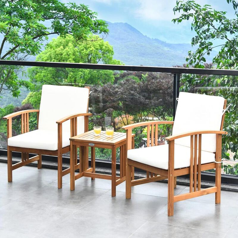 Hivvago 3-Piece Solid Wood Outdoor Patio Furniture Table Chairs Set with White Cushions