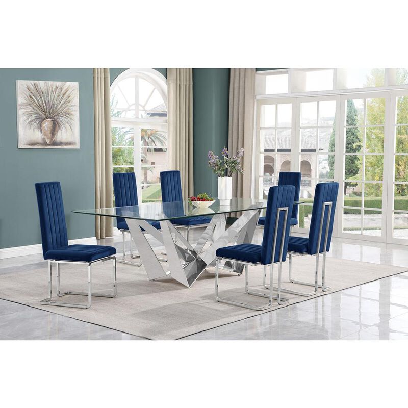 7pc Large(94") glass top dining set with silver base and 6 Navy blue side chairs