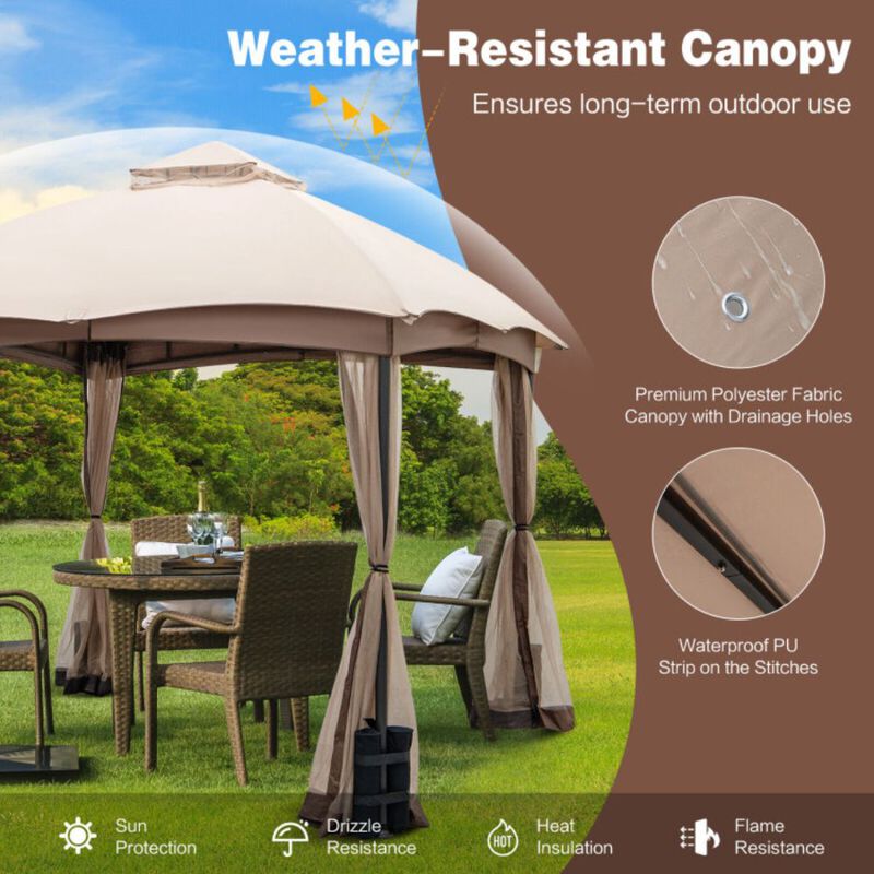 Patio Double-Vent Gazebo with Privacy Netting and 4 Sandbags