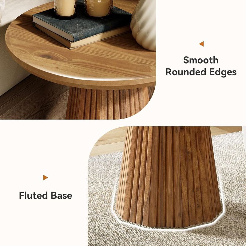 Round Solid Wood Side Table with Fluted Pedestal Base, End Table image number 3