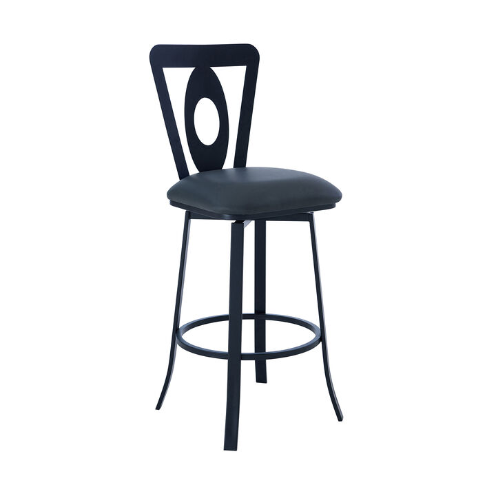 Lola Contemporary Bar Height Barstool in Matte Black Finish and Gray Faux Leather