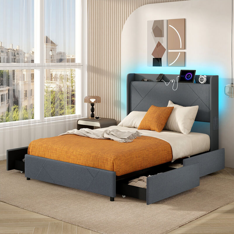 Bed Frame with LED Lights and Built-In Charging Station for Modern Style and Convenient Functionality