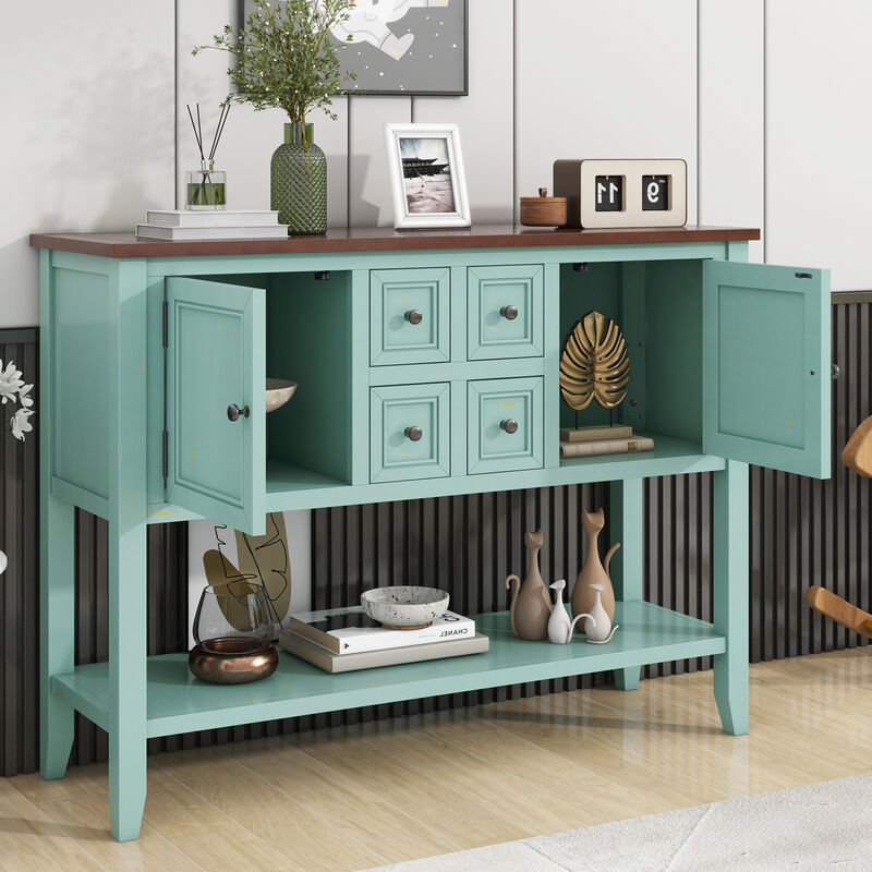 Whisen Vintage Console Table with Four Small Drawers and Bottom Shelf for Living Rooms, Entrances and Kitchens - Retro Blue