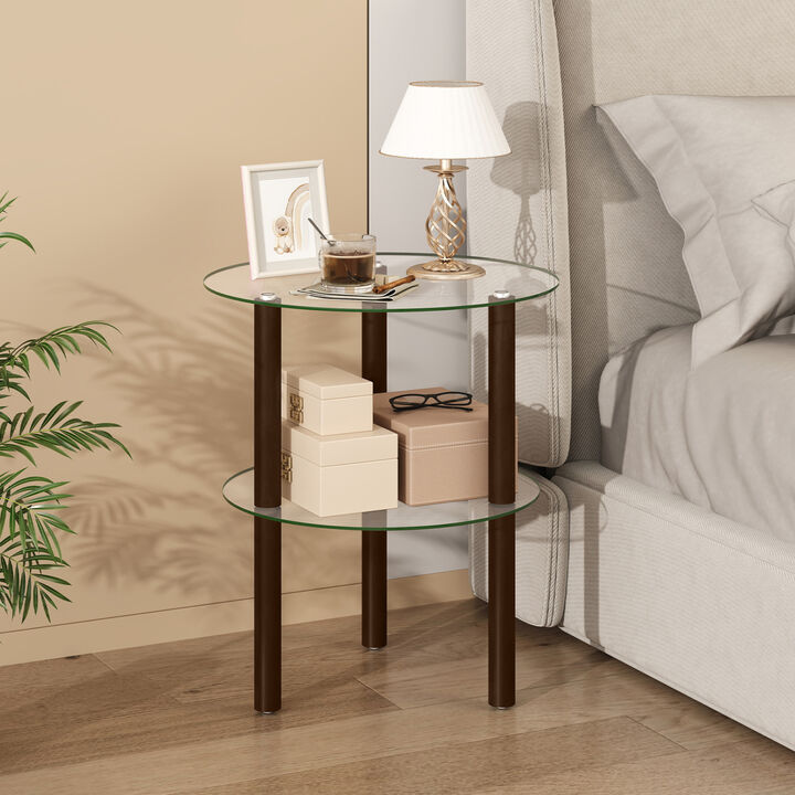 2-Tier Round Side Table with Clear Tempered Glass Top and Storage Shelf for Home Decor