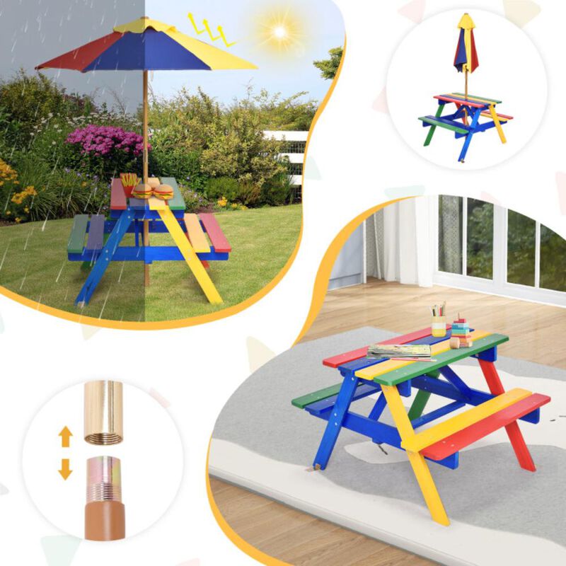 Hivvago Outdoor 4-Seat Kids Picnic Table Bench Set with Removable Umbrella