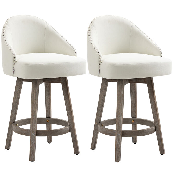 HOMCOM 26" Counter Height Bar Stools, Linen Fabric Kitchen Stools with Nailhead Trim, Rubber Wood Legs and Footrest for Dining Room, Counter, Pub, Set of 2, Cream White