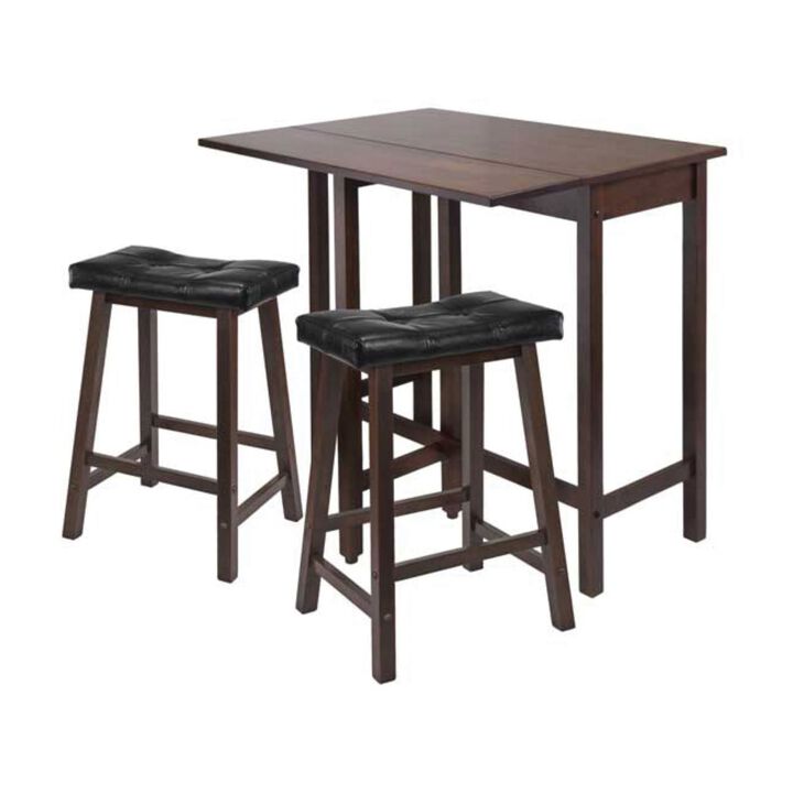 Lynnwood 3-Pc Drop Leaf Table with Cushion Saddle Seat Counter Stools, Walnut and Black
