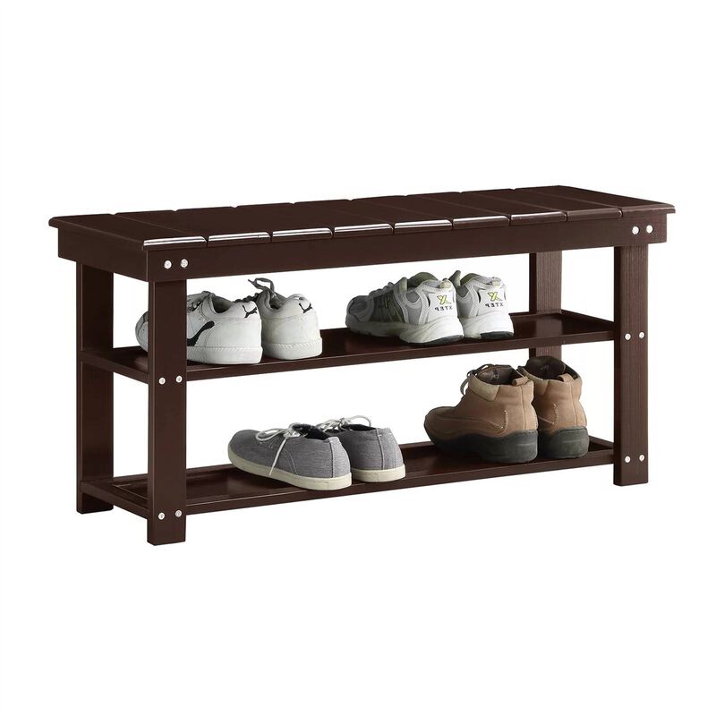 QuikFurn Espresso Brown Wood 2-Shelf Shoe Rack Storage Bench For Entryway or Closet