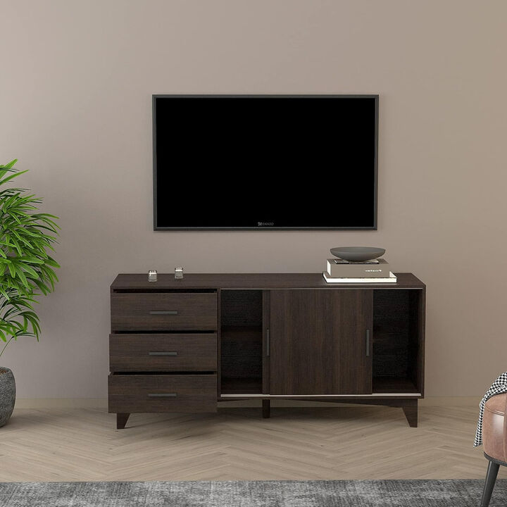 FC Design Klair Living TV Stand with Sliding Doors and Drawers in Dark Brown