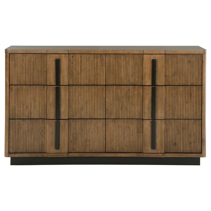 Reon Wide Dresser, 6 Drawers, Decorative Reeded Ash Brown Black Wood - Benzara