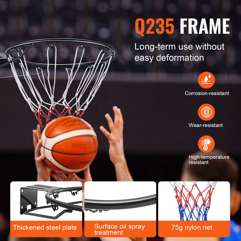 Wall Mounted Basketball Rim with Net, Heavy Duty Double Spring Hoop for Indoor Outdoor Play-Black image number 5