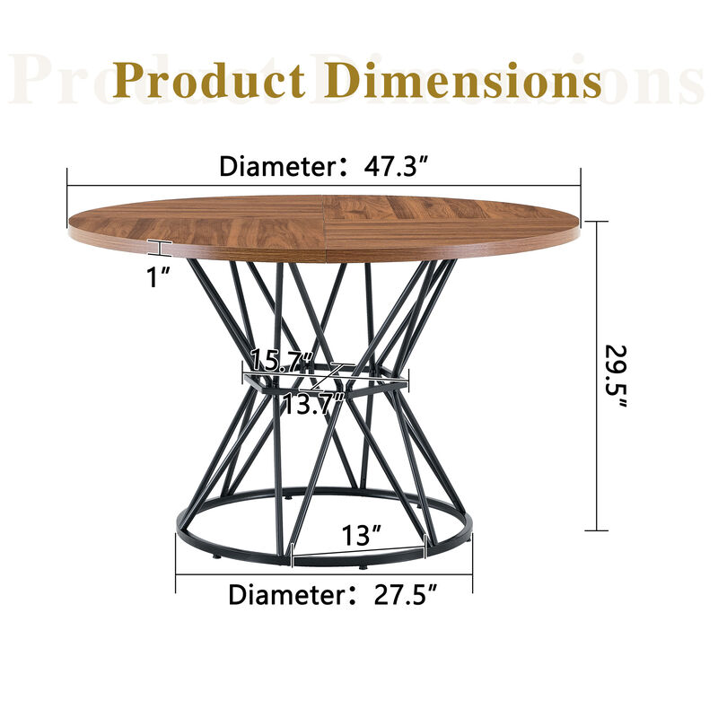 Whisen 47.3" Round Dining Table, MDF Metal for Home Kitchen Restaurant image number 9