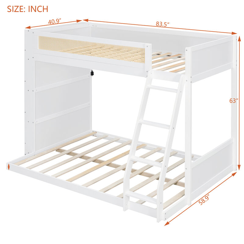 Merax Twin over Full Bunk Bed with Rattan Guardrail, LED Light & 4-Tier Side Bookshelf image number 3