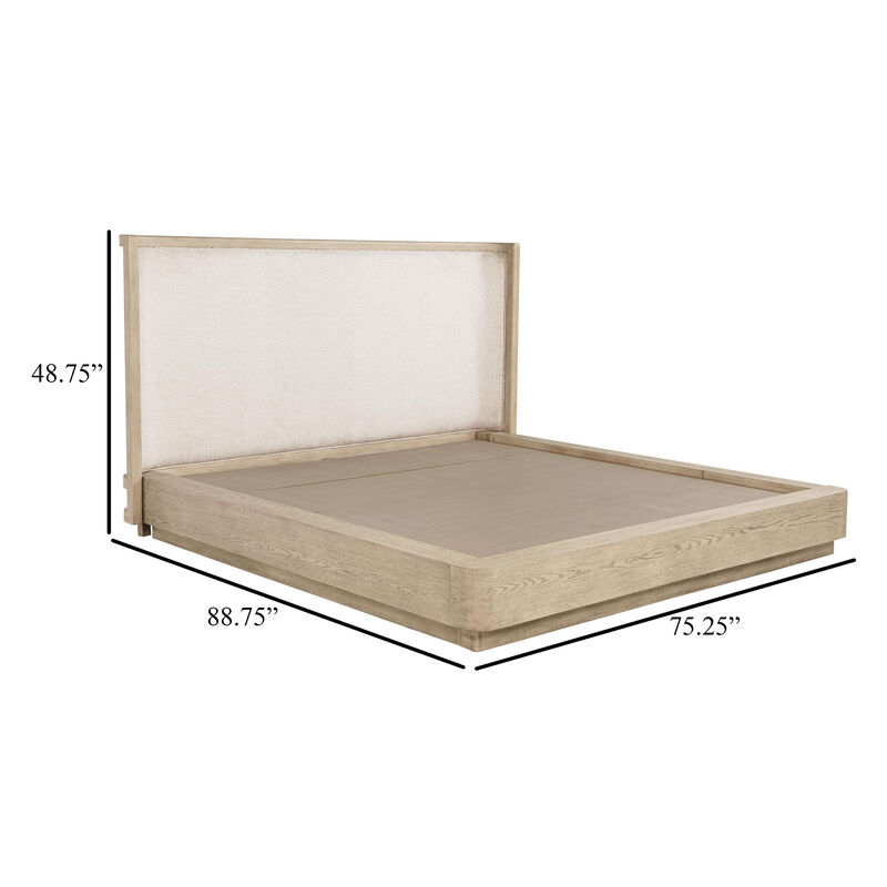 Lno Queen Platform Bed, Beige Upholstered Headboard, Oak Brown Cane - Benzara