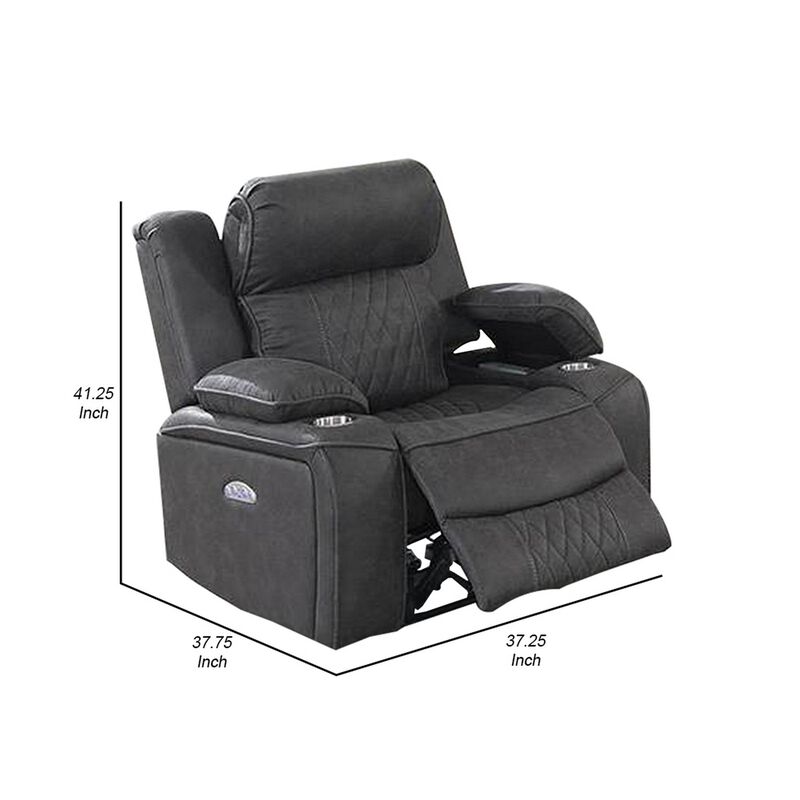 Xiu 38 Inch Power Recliner Chair, USB Port, Storage, Gray Faux Leather-Benzara