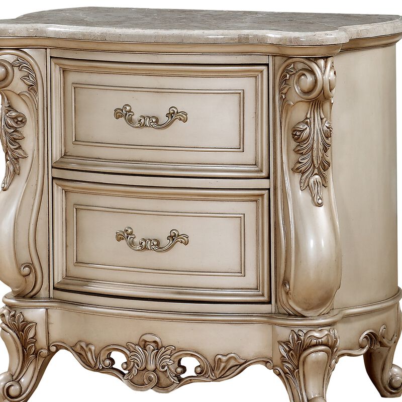 2 Drawer Nightstand With Raised Scrolled Floral Moulding, White-Benzara