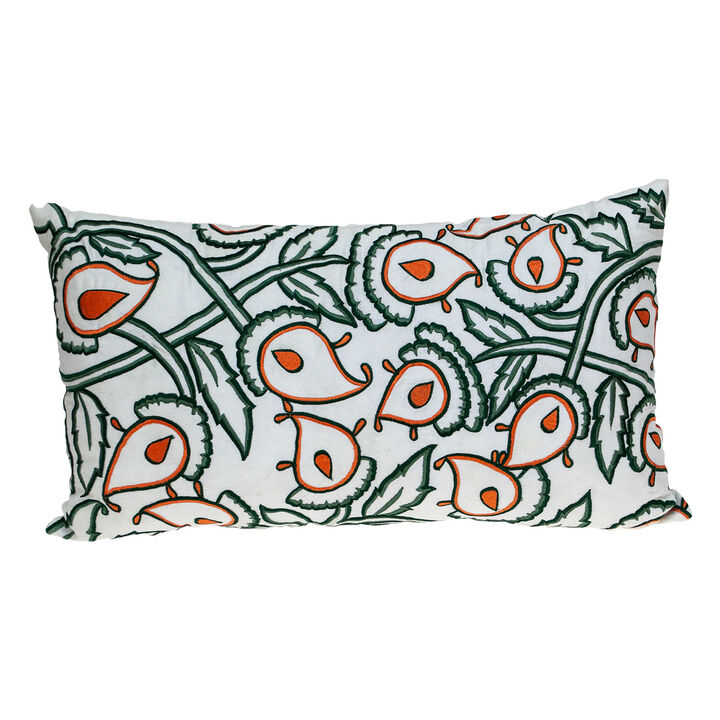 HomeRoots 14" X 24" Green and White Cotton Lumbar Throw Pillow with Embroidery