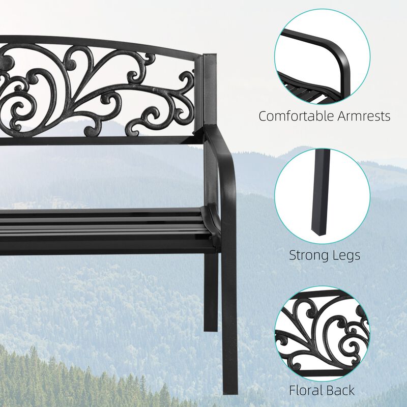 50" Outdoor Bench, Metal Garden Bench With Floral Pattern Backrest, Porch Bench With Slatted Seat image number 3