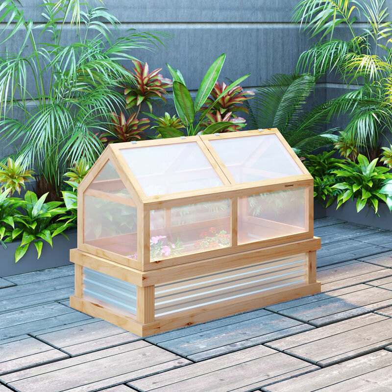 Outsunny Raised Garden Bed with Polycarbonate Greenhouse, Wooden Garden Cold Frame Greenhouse, Flower Planter Protection, 48" x 24" x 32", Natural