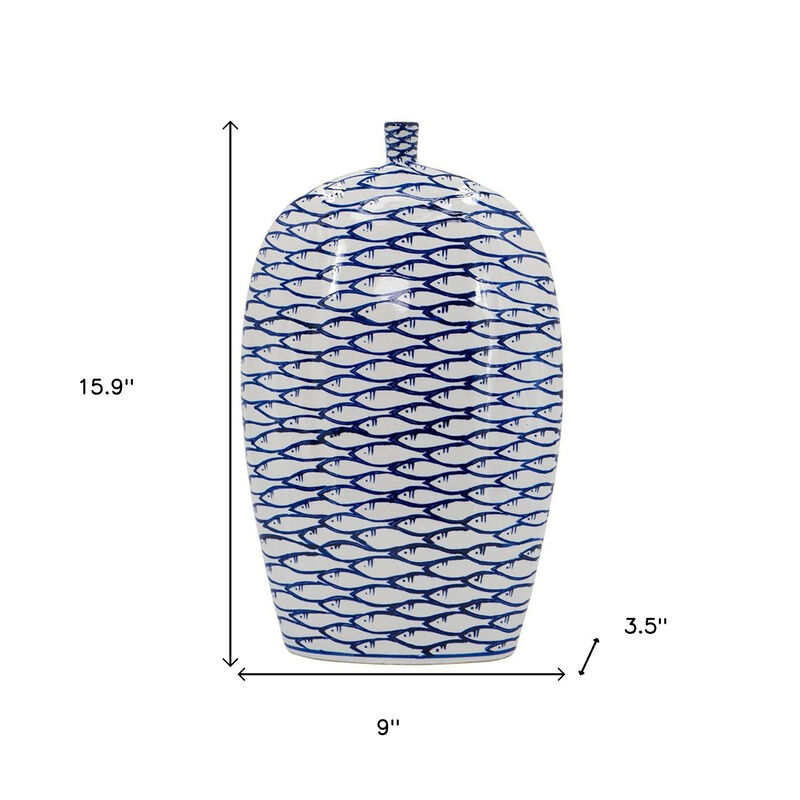 HomeRoots 16" Blue And White Fish Print Oval Ceramic Table Vase image number 6