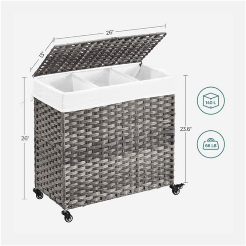 Handwoven PP Rattan 3-Bag Laundry Basket Cart with Cotton Liner on Wheels image number 3