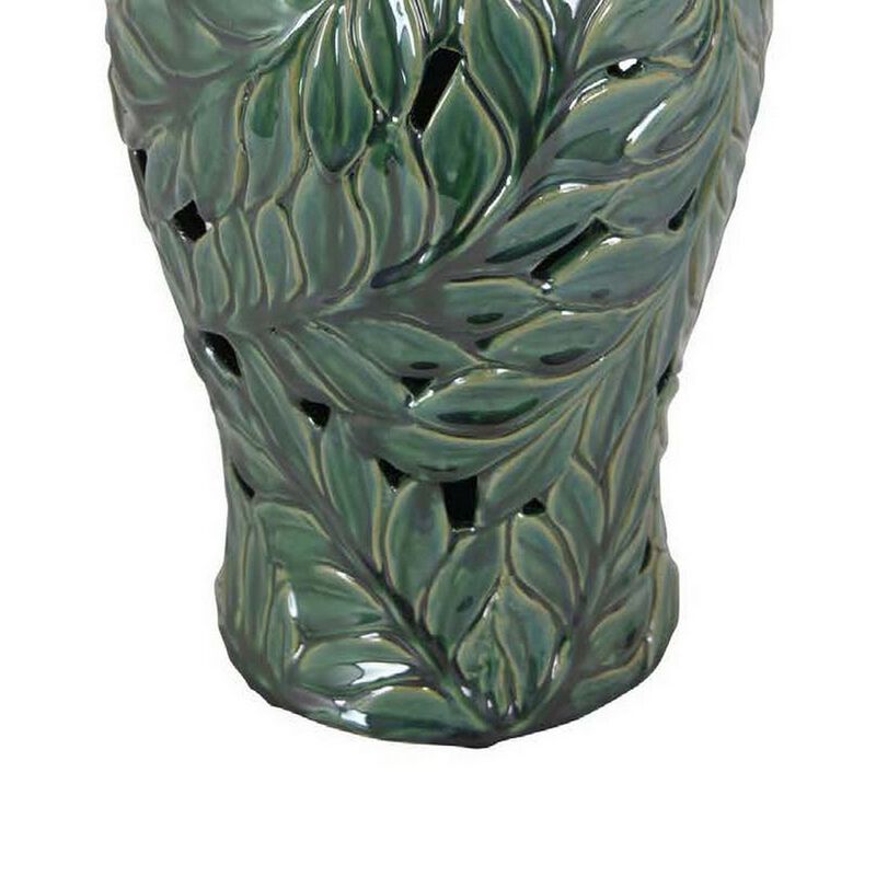 Heni 19 Inch Ceramic Temple Jar with Lid, Cut Out Leaf Motifs, Green Finish - Benzara