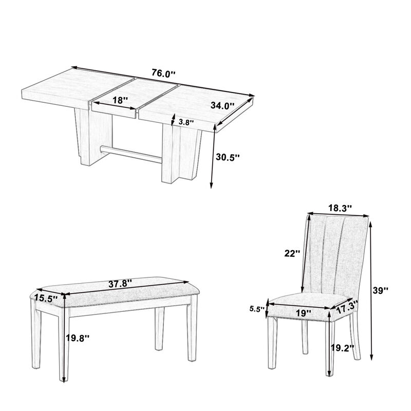 Merax Solid Wood Extendable Dining Table Set with 4 Cushioned Chairs & Bench image number 3