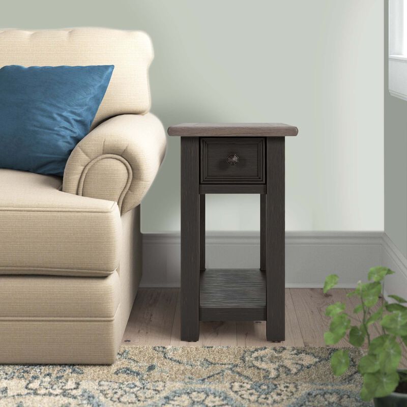24 Inch Side End Table, Black Wood Base, Power Socket and USB Chargers