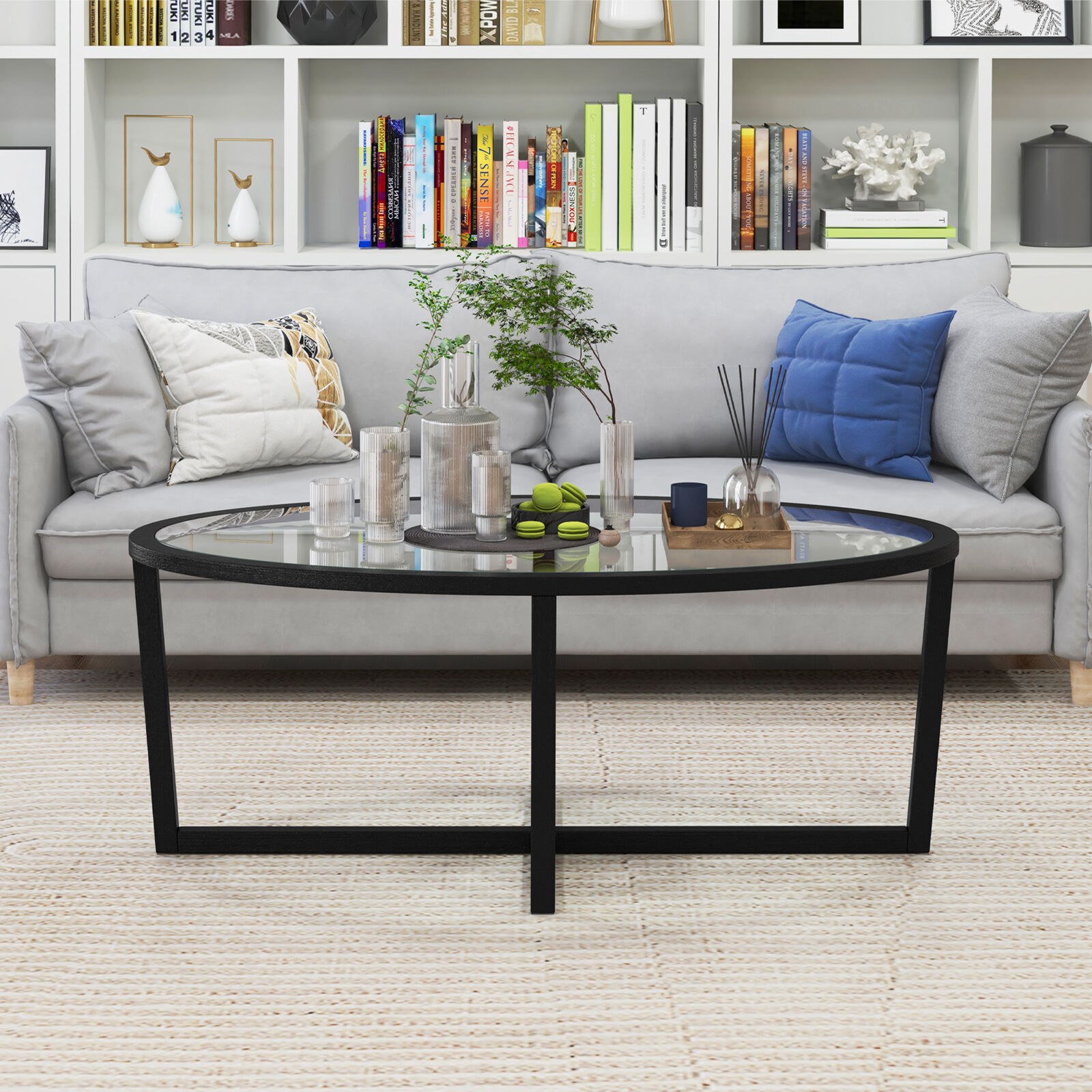 Oval Glass Coffee Table with Cross Base and Acacia Wood Legs for
