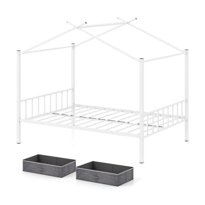 Metal House Bed with 2 Fabric Drawers for Kids, Fun and Functional Bedroom Furniture