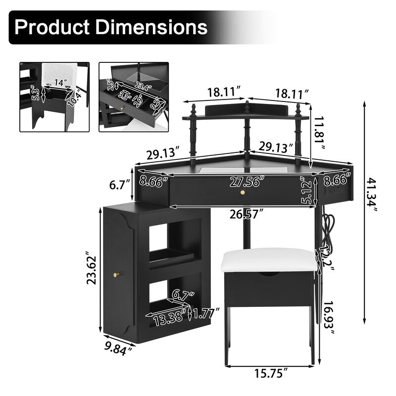 Merax Corner Vanity Desk Set with Storage Cushioned Stool and Charging Station