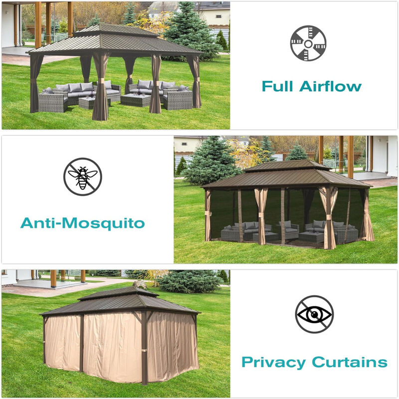 12' X 18' Hardtop Gazebo, Aluminum Metal Gazebo with Galvanized Steel Double Roof Canopy, Curtain and Netting, Permanent Gazebo Pavilion for Party, Wedding, Outdoor Dining, Brown