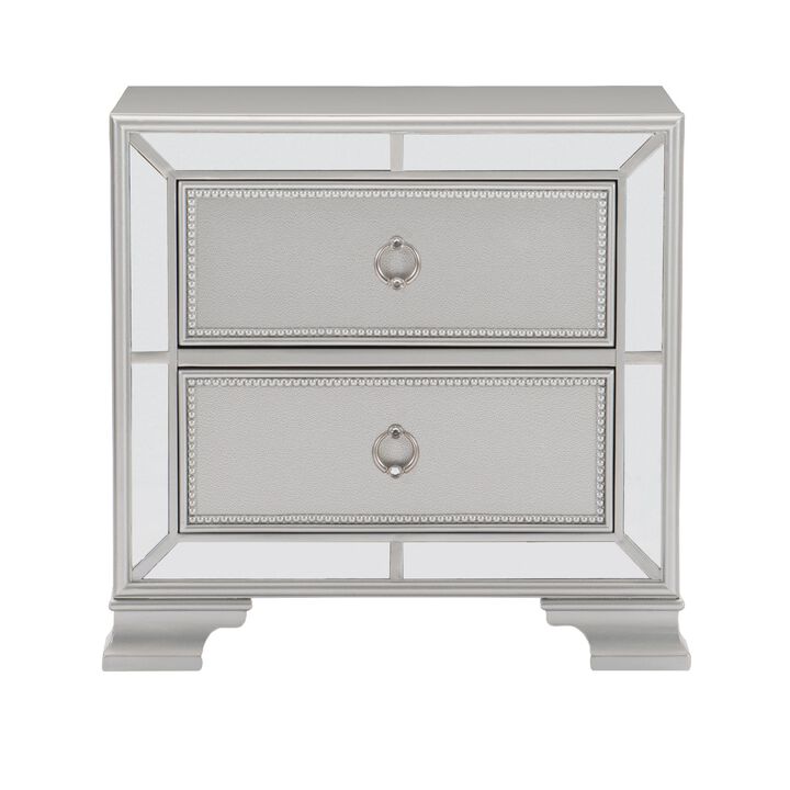 Modern Traditional Style 1pc Nightstand of 2 Drawers Embossed Textural Fronts Silver Finish Bedside Table