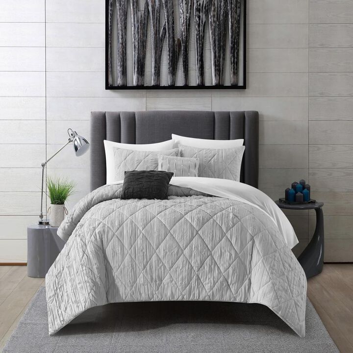 NY&C Home Leighton 5 Piece Comforter Set Diamond Stitched Design Crinkle Textured Pattern Bedding - Decorative Pillows Shams Included, King, Grey