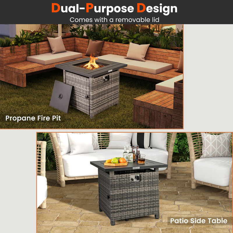 29 Inch Propane Rattan Firepit Table with Lava Rocks and Protective Cover
