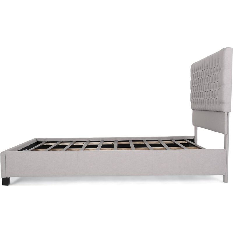 Amare Platform Queen Size Bed, Button Tufted Light Gray Polyester - Benzara