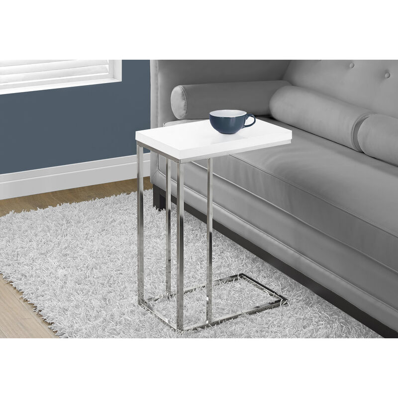 Monarch Specialties I 3008 Accent Table, C-shaped, End, Side, Snack, Living Room, Bedroom, Metal, Laminate, Glossy White, Chrome, Contemporary, Modern