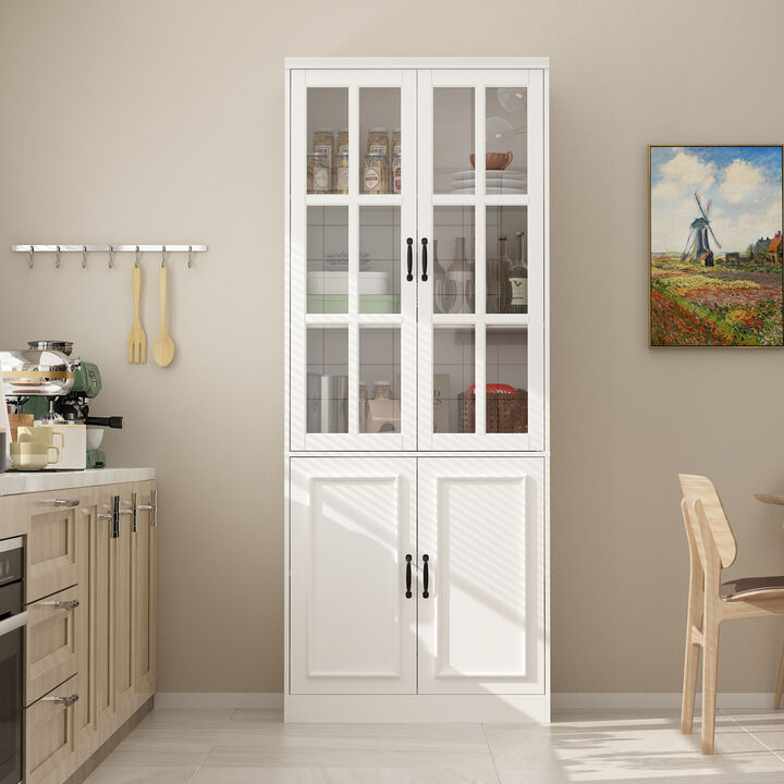 White Wooden MDF ( 31.5 in. W) Sideboard, Accent Storage Cabinet, Food Pantry with 2 Tempered Glass Doors and 5 Shelves