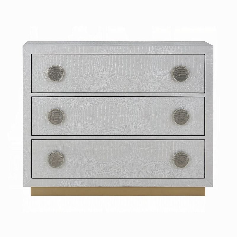 44 Inch Wide Nightstand Dresser with Faux Crocodile Skin, Silver Wood