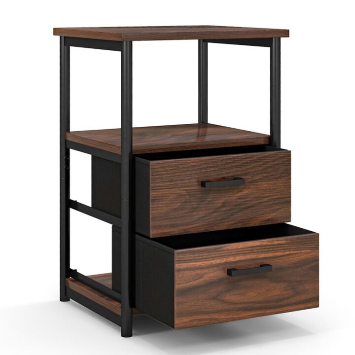 Hivvago 3-Tier Retro Nightstand with 2 Removable Fabric Drawers and Open Shelf-Walnut