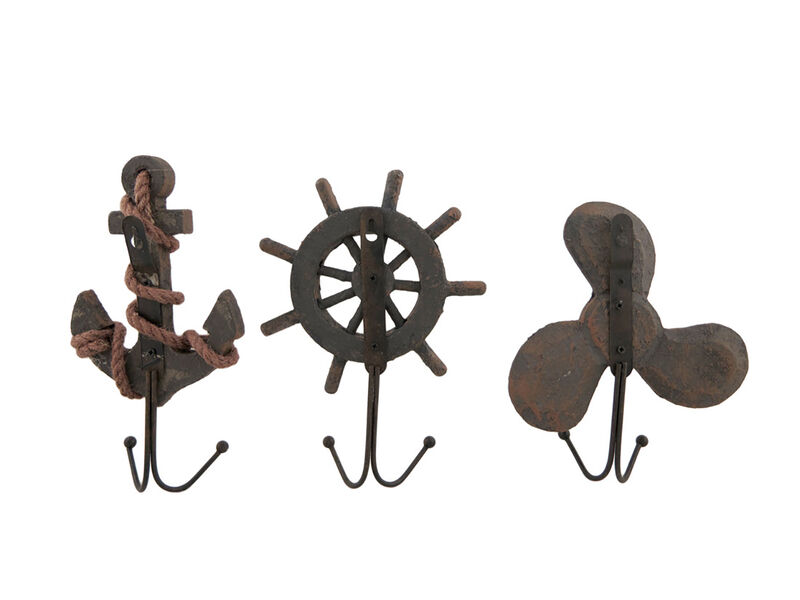 Set of 3 Weathered Finish Anchor Prop and Wheel Nautical Wall Hooks image number 2