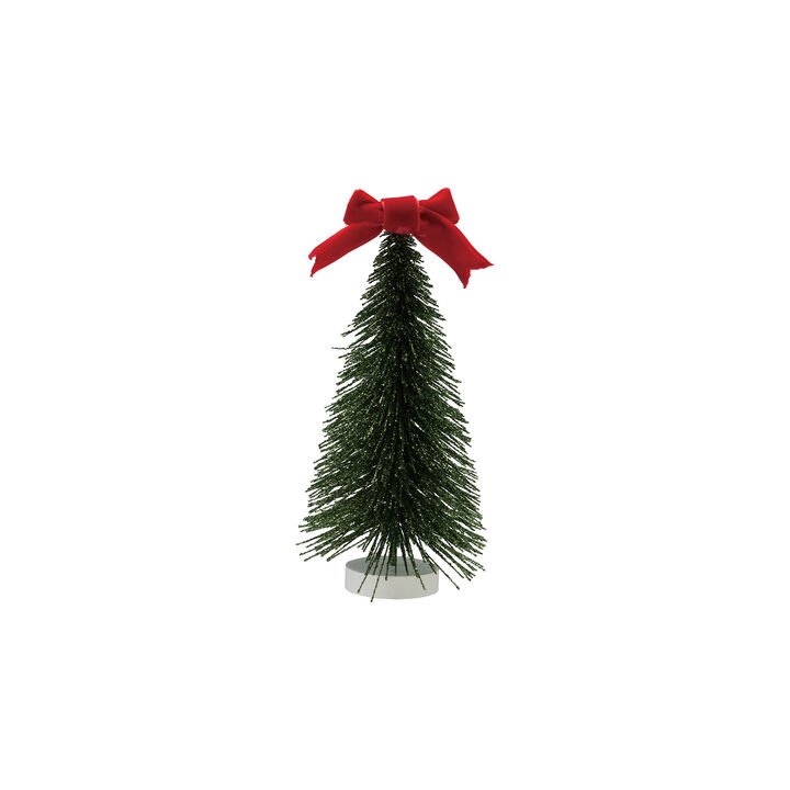 Glittered Velvet Bow Bottle Brush Tree with Reclaimed Wood Base, Red and Green