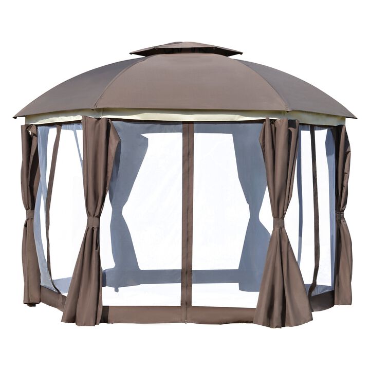 12' x 12' Steel Gazebo Canopy Party Tent Shelter with Double Roof, Curtains, Netting Sidewalls, Top Hook, Brown