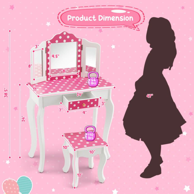 Hivvago Kids Vanity Table and Stool Set with Cute Polka Dot Print